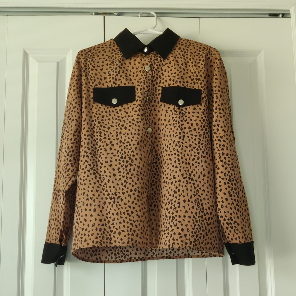 Leopard Print Button-Up Shirt with Black Accents